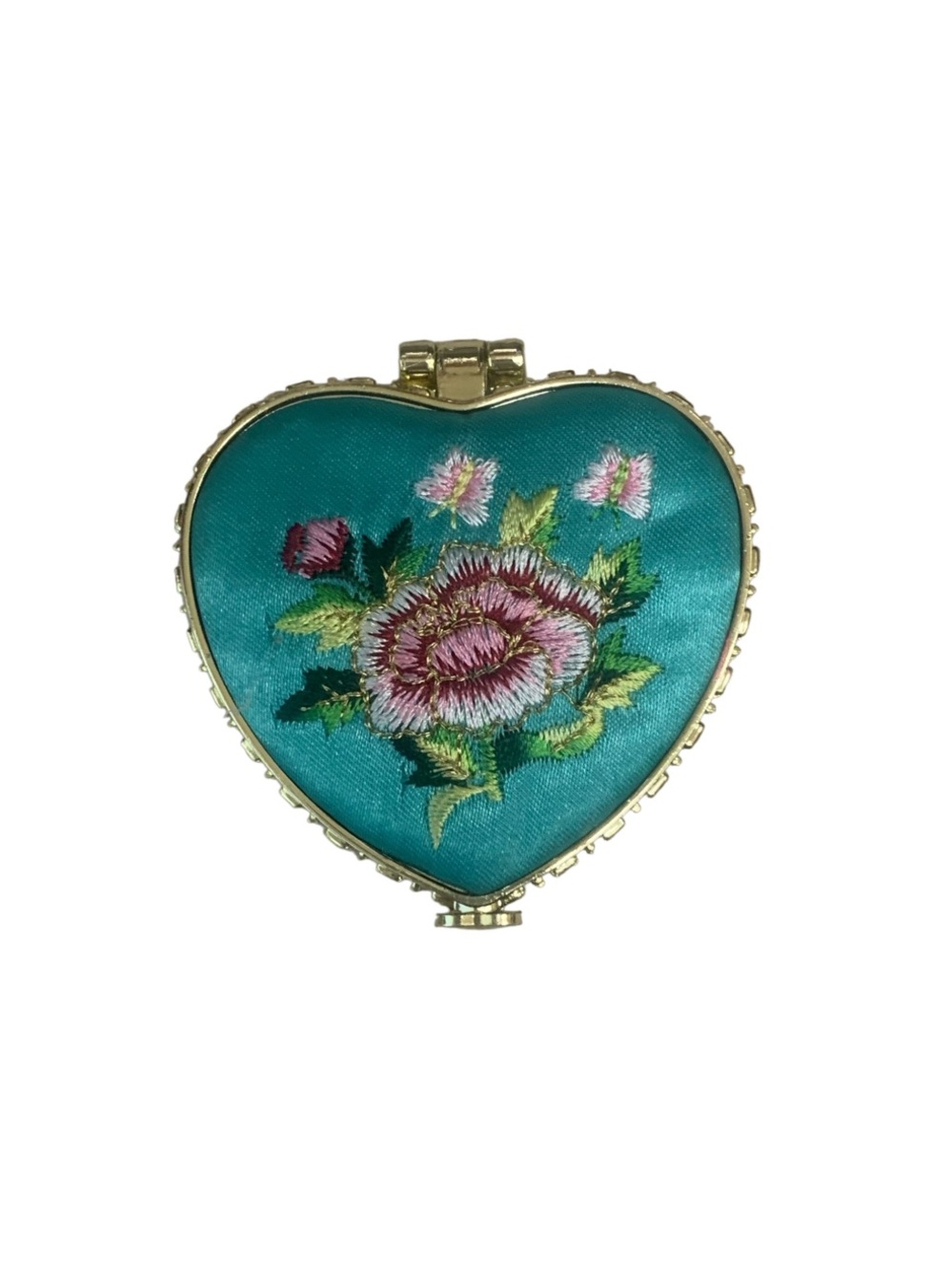 Heart-Shaped Teal Floral Embroidered Compact Double Mirror - New